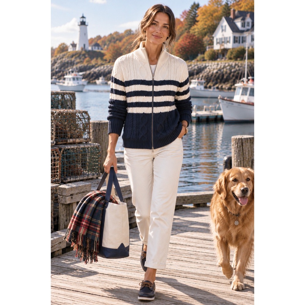 LL Bean Organic Cotton Cable Knit Full Zip Sweater Navy Cream Coastal Preppy L